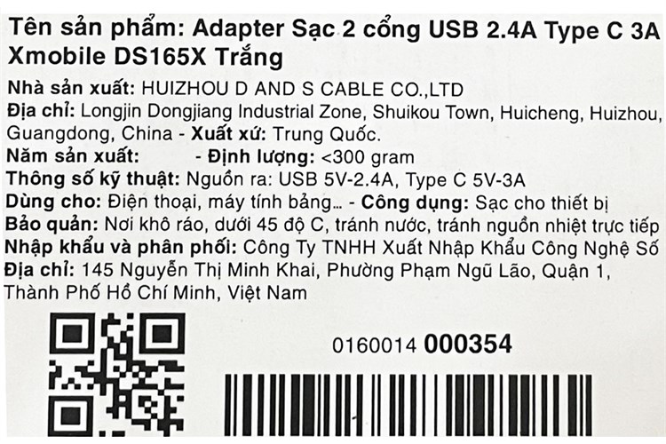 Adapter sạc 2 cổng USB Type C 15W Xmobile DS165X Màu Trắng