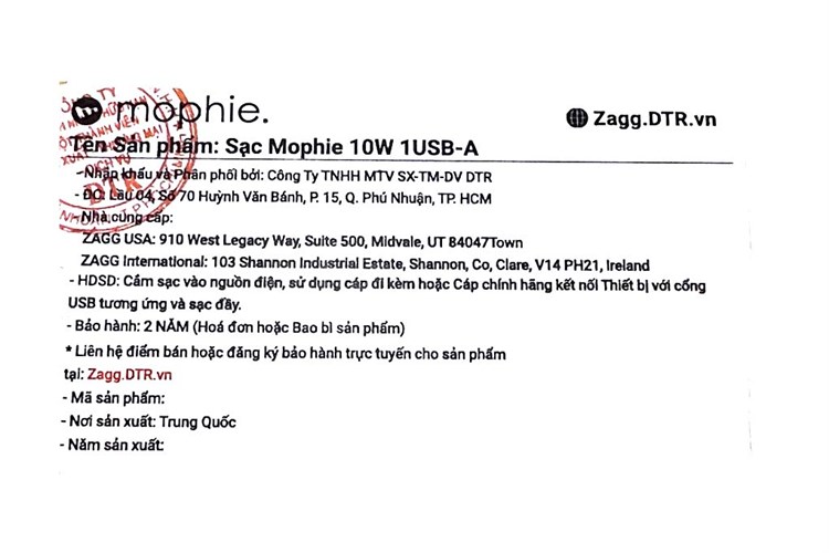 Adapter sạc USB 10W Mophie Màu Đen