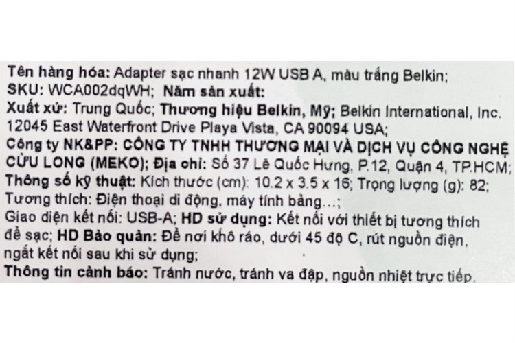 Adapter sạc USB 12W Belkin WCA002 Màu Trắng