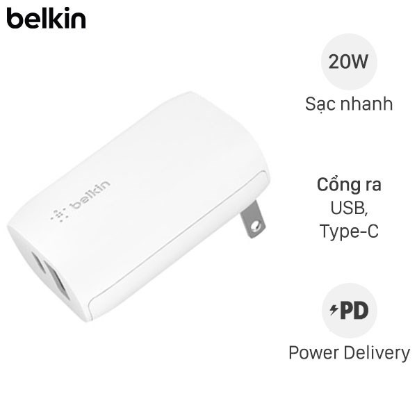 Adapter sạc 2 cổng USB Type C PD 20W Belkin WCB004 Trắng