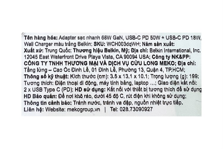 Adapter sạc 2 cổng Type C PD 68W GaN Belkin WCH003 Màu Trắng