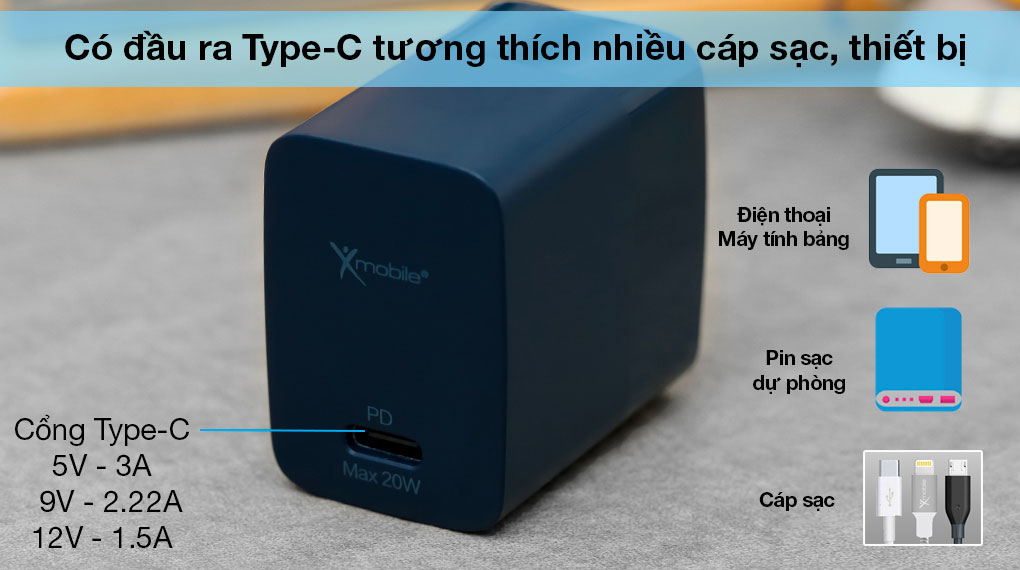 Adapter Sạc Type C PD 20W Xmobile TC20B Xanh Navy - Thiết kế cổng Type-C phù hợp cho nhiều dòng máy, cáp sạc