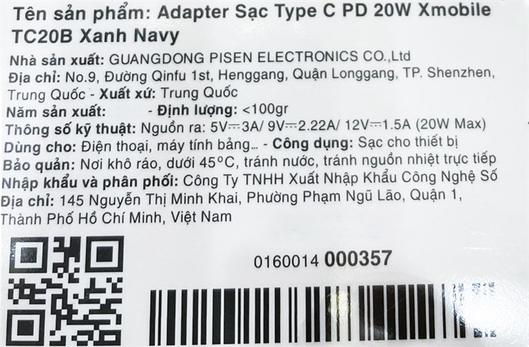 Adapter Sạc Type C PD 20W Xmobile TC20B Màu Xanh Navy