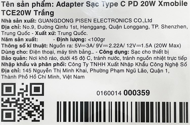 Adapter Sạc Type C PD 20W Xmobile TCE20W Màu Trắng
