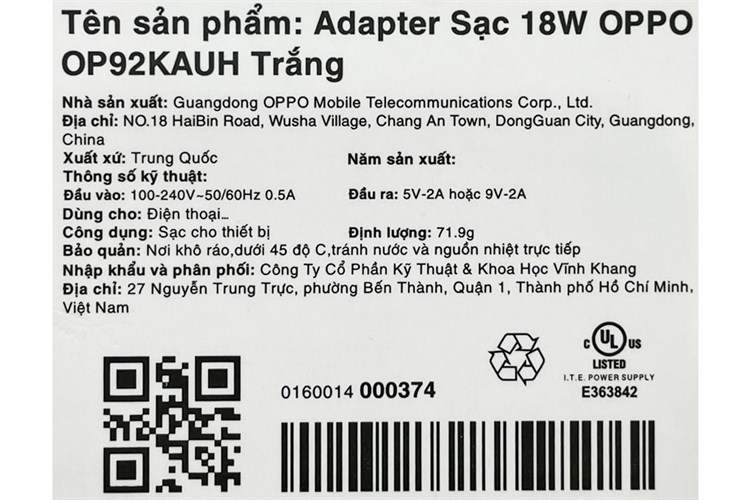 Adapter Sạc USB 18W OPPO OP92KAUH Màu Trắng