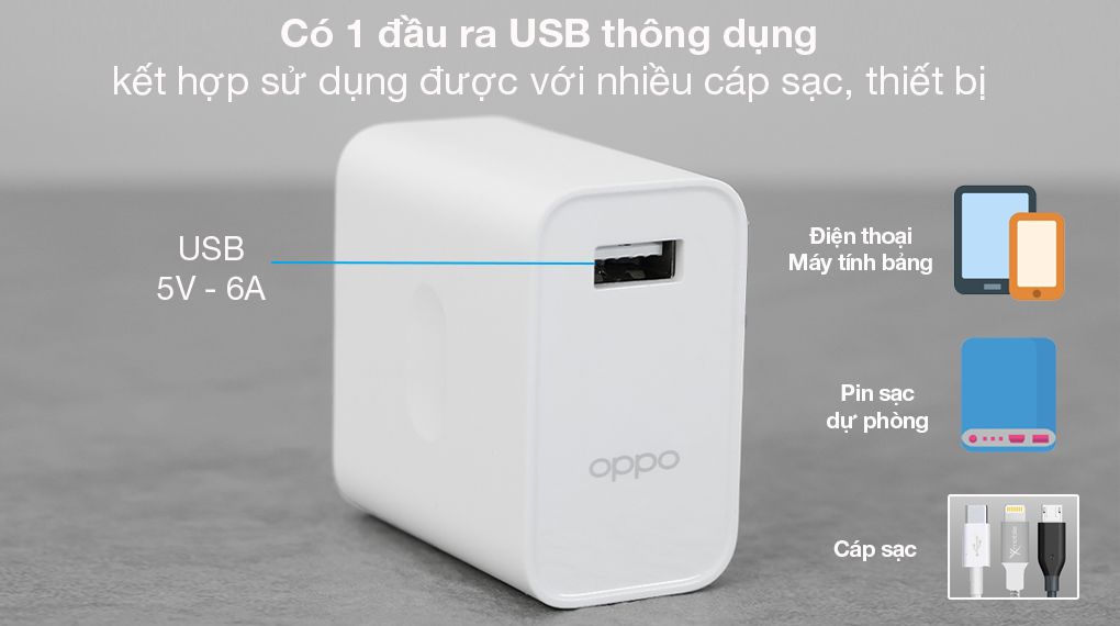 Adapter Sạc VOOC 30W OPPO VC56JAUH - Tích hợp 1 đầu ra USB thông dụng