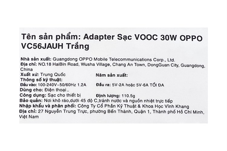 Adapter Sạc VOOC 30W OPPO VC56JAUH Màu Trắng