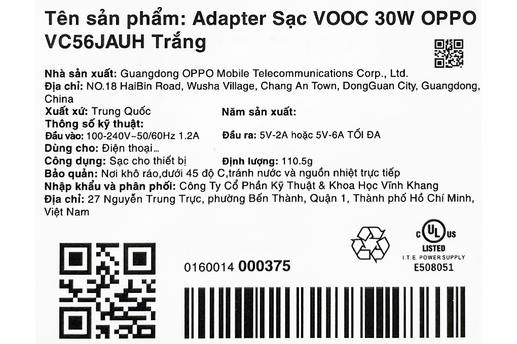Adapter Sạc VOOC 30W OPPO VC56JAUH