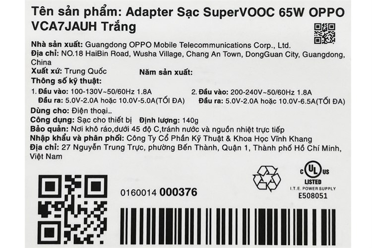 Adapter Sạc SuperVOOC 65W OPPO VCA7JAUH Màu Trắng