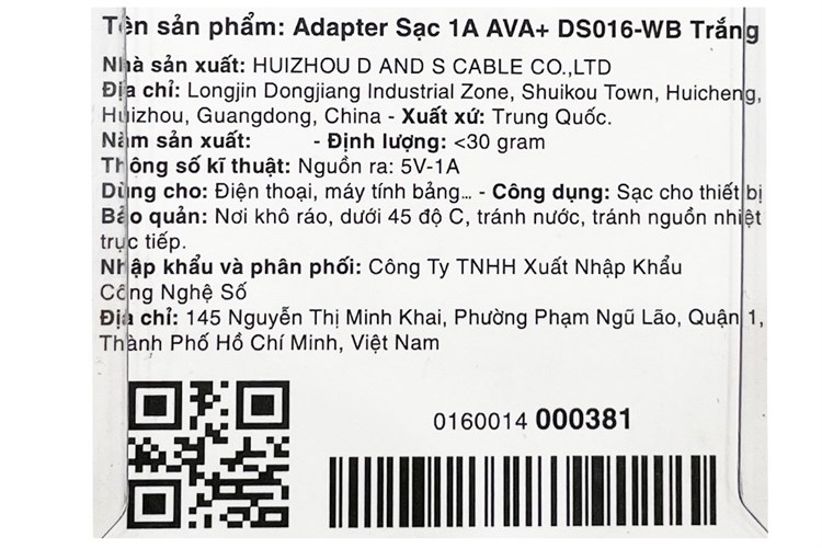 Adapter sạc USB 5W AVA+ DS016 Màu Trắng
