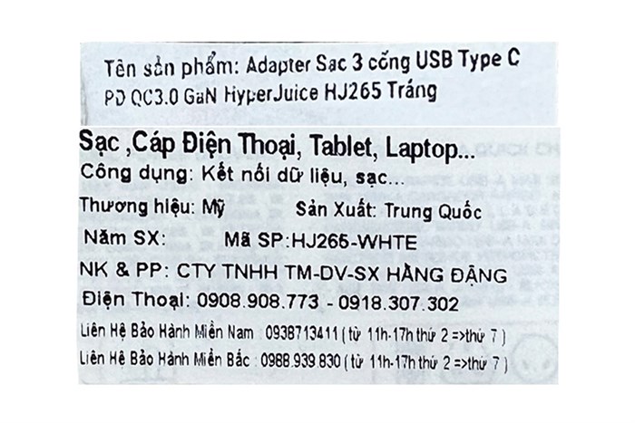 Adapter Sạc 3 cổng USB Type C PD QC3.0 GaN 65W HyperJuice HJ265 Màu Trắng