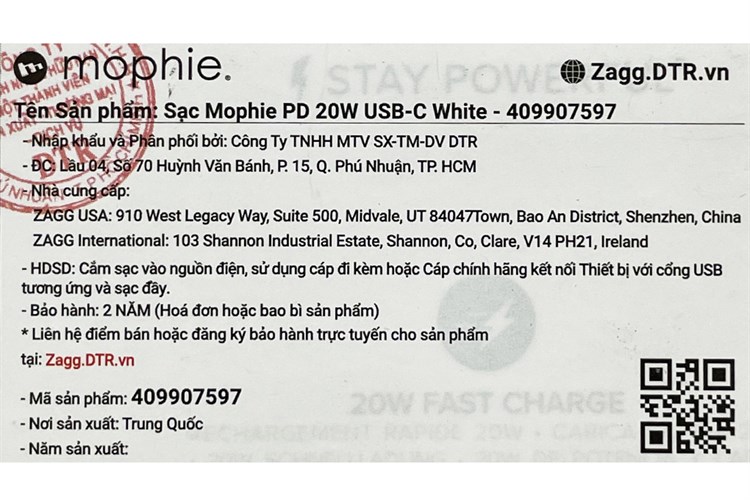 Adapter Sạc Type C PD 20W Mophie Trắng Màu Trắng