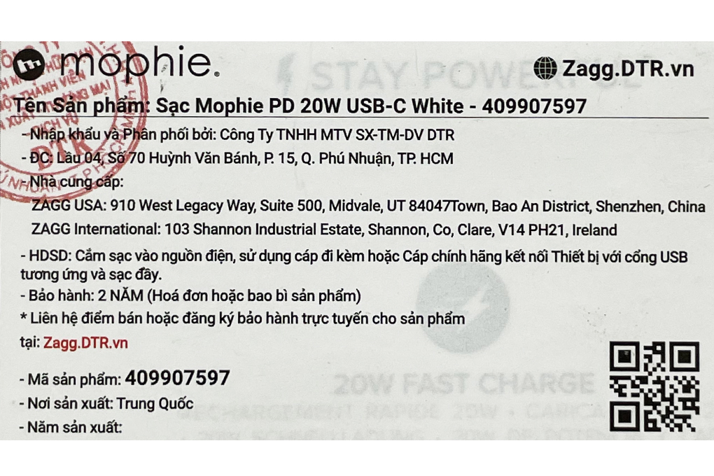 Adapter Sạc Type C PD 20W Mophie Trắng