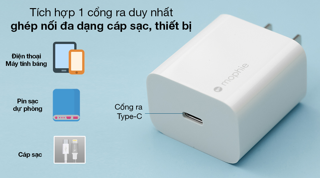 Adapter Sạc Type C PD 20W Mophie Trắng - Thiết kế 1 cổng ra duy nhất Type-C dùng được với đa dạng cáp sạc, thiết bị