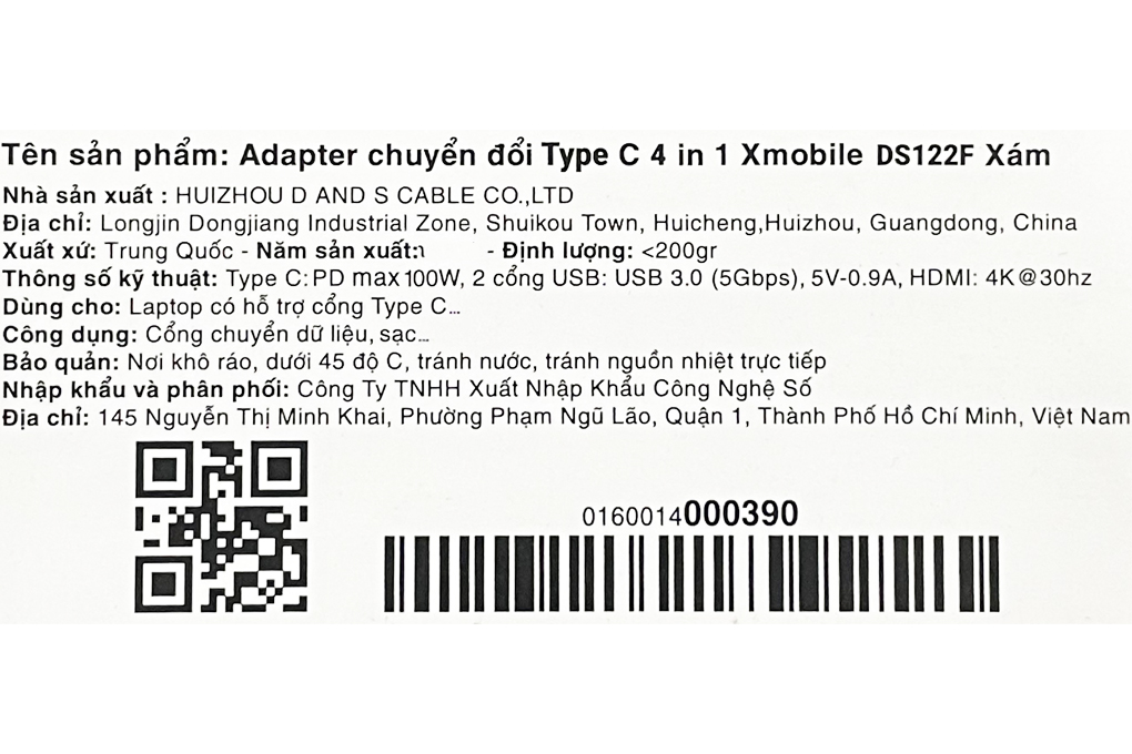 Adapter chuyển đổi Type C 4 in 1 Xmobile DS122F Xám