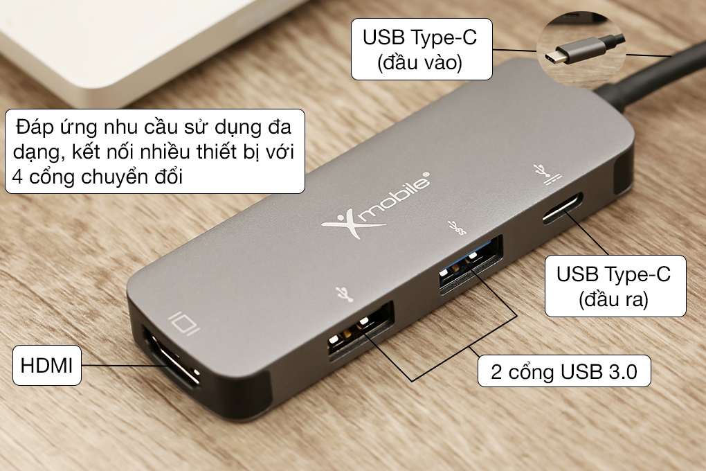 Kết nối đa dụng với 4 cổng chuyển đổi - Adapter chuyển đổi Type C 4 in 1 Xmobile DS122F Xám