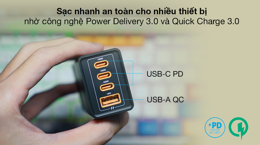 4 cổng hỗ trợ sạc nhanh - Adapter Sạc 4 cổng Type C PD QC3.0 GaN 100W HyperJuice Stackable HJ417 Đen