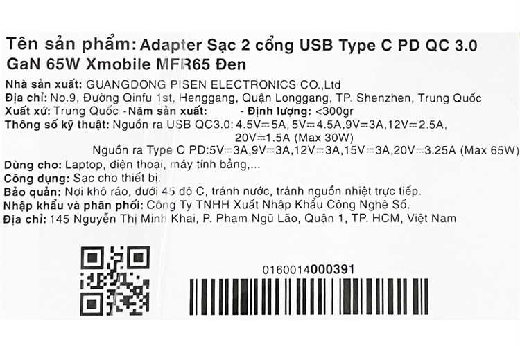 Adapter Sạc 2 cổng USB Type C PD QC 3.0 GaN 65W Xmobile MFR65 Màu Đen