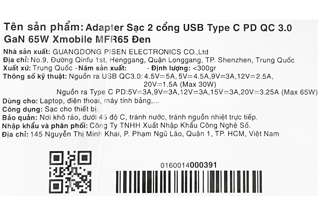 Adapter Sạc 2 cổng USB Type C PD QC 3.0 GaN 65W Xmobile MFR65 Đen