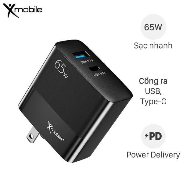 Adapter Sạc 2 cổng USB Type C PD QC 3.0 GaN 65W Xmobile MFR65