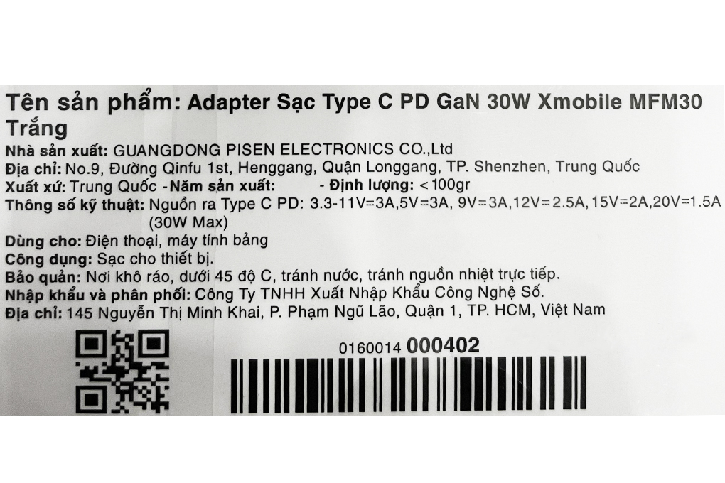 Adapter Sạc Type C PD GaN 30W Xmobile MFM30 Trắng