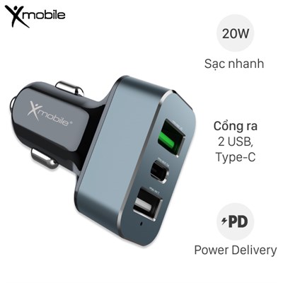 Sạc xe hơi 3 cổng USB Type C PD QC 3.0 20W Xmobile SN-156