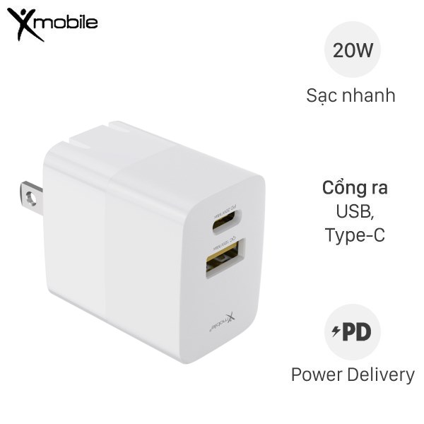 Adapter Sạc 2 cổng Type C PD QC3.0 20W Xmobile TC20QP