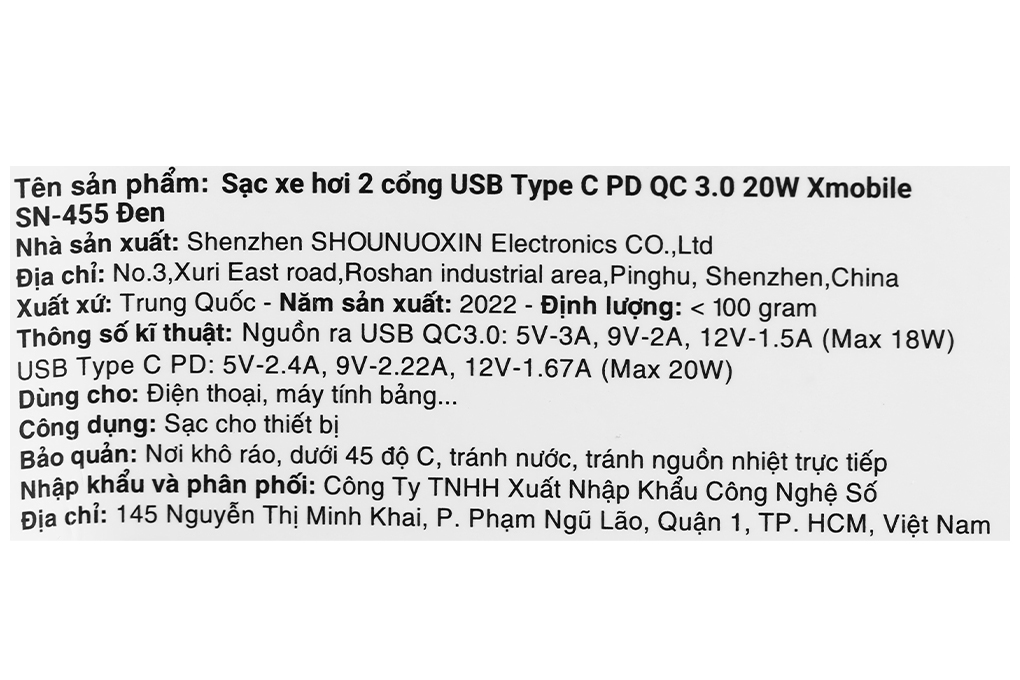 Sạc xe hơi 2 cổng USB Type C PD QC 3.0 20W Xmobile SN-455 Màu Đen
