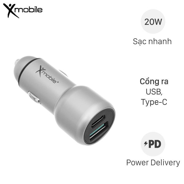 Sạc xe hơi 2 cổng USB Type C PD QC 3.0 20W Xmobile SN-455 Bạc