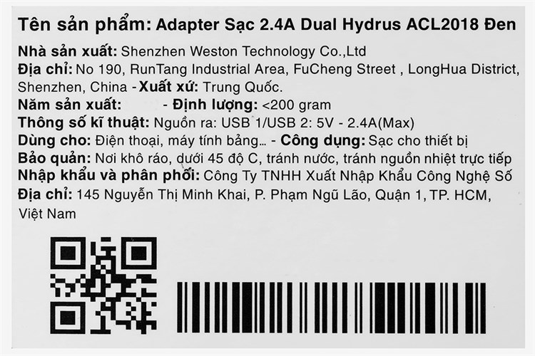 Adapter Sạc USB Hydrus ACL2018 Màu Đen