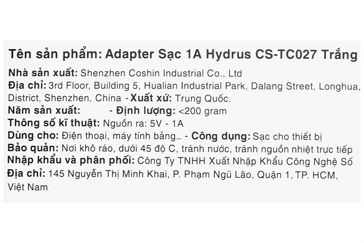 Adapter Sạc USB 5W Hydrus CS-TC027 Màu Trắng