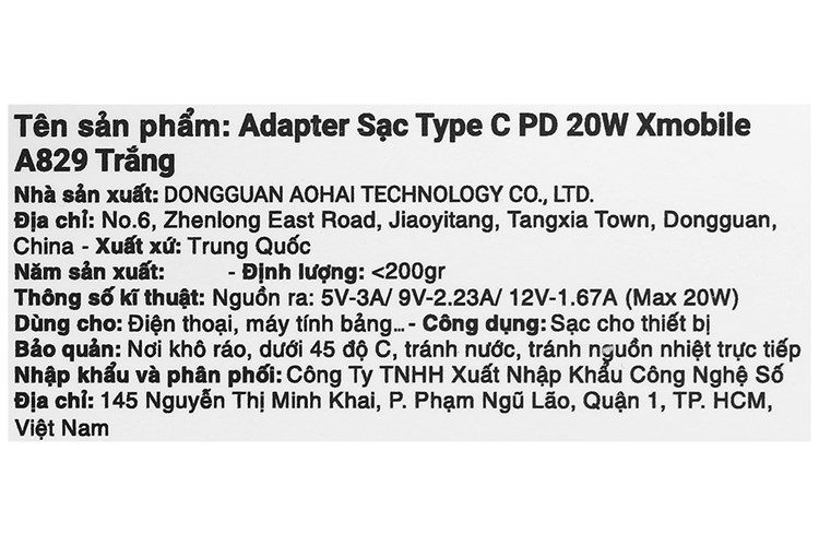Adapter Sạc Type C PD 20W Xmobile A829 Màu Trắng