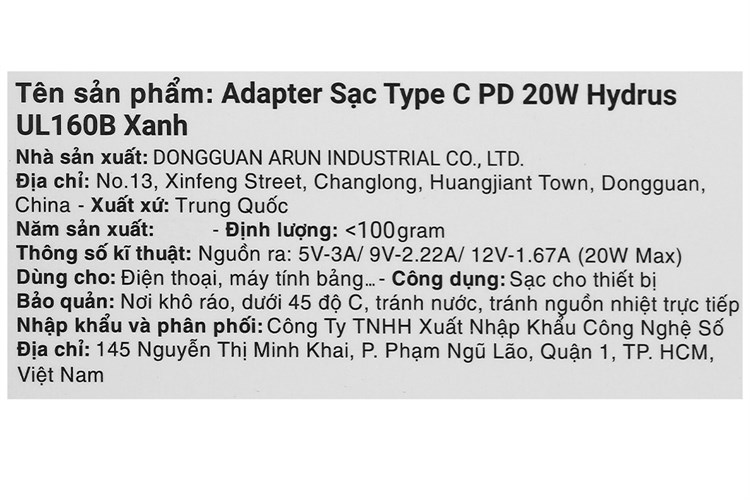 Adapter Sạc Type C PD 20W Hydrus UL160 Màu Xanh Dương