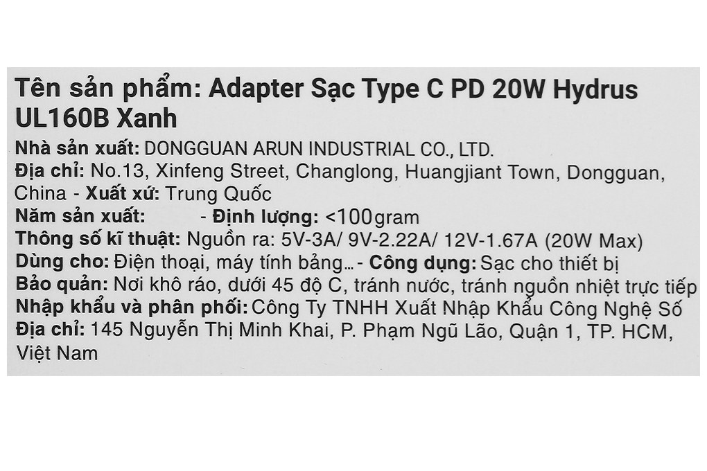Adapter Sạc Type C PD 20W Hydrus UL160 Màu Xanh Dương