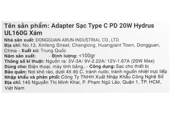Adapter Sạc Type C PD 20W Hydrus UL160 Màu Xám
