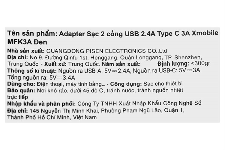 Adapter Sạc 2 cổng USB Type C 15W Xmobile MFK3A Màu Đen