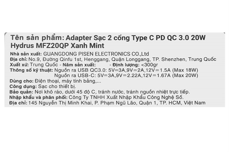 Adapter Sạc 2 cổng Type C PD QC 3.0 20W Hydrus MFZ20QP Màu Xanh mint