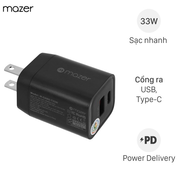 Adapter Sạc 2 cổng USB Type C PD QC 3.0 GaN 33W Mazer T33W