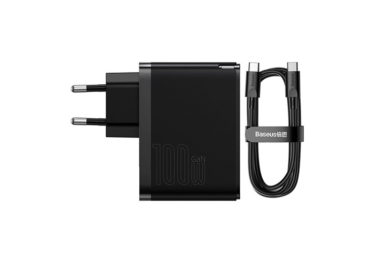 Bộ sạc nhanh 2 cổng USB Type-C QC3.0 PD 100W Baseus CCGAN100E5 kèm Cáp Type C - Type C Màu Đen