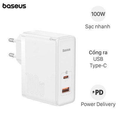 Bộ Adapter Sạc 2 cổng USB Type C PD QC 3.0 GaN5 kèm Cáp Type C - Type C 1m 100W Baseus CCGAN100E5