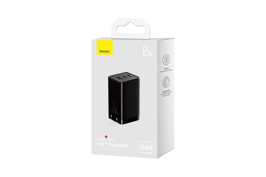 Bộ Adapter Sạc 3 cổng USB Type C PD QC 3.0 GaN5 kèm Cáp Type C - Type C 1m 65W Baseus CCGAN65S5 Màu Đen