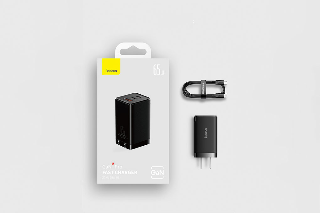 Bộ Adapter Sạc 3 cổng USB Type C PD QC 3.0 GaN5 kèm Cáp Type C - Type C 1m 65W Baseus CCGAN65S5 Màu Đen