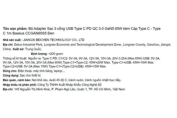 Bộ Adapter Sạc 3 cổng USB Type C PD QC 3.0 GaN5 kèm Cáp Type C - Type C 1m 65W Baseus CCGAN65S5 Màu Đen