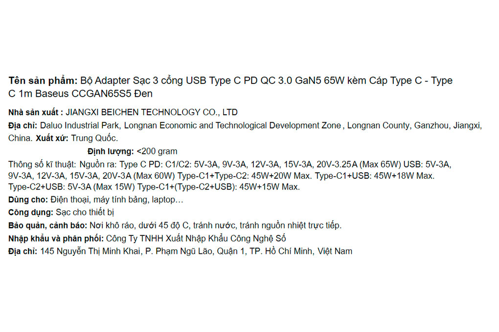 Bộ Adapter Sạc 3 cổng USB Type C PD QC 3.0 GaN5 kèm Cáp Type C - Type C 1m 65W Baseus CCGAN65S5 Màu Đen
