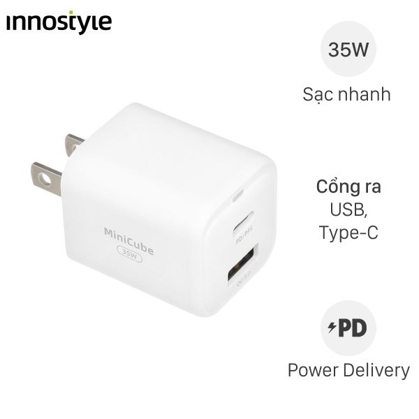 Adapter sạc 2 cổng USB Type C PD QC3.0 GaN II 35W Innostyle MiniCube IC35CA