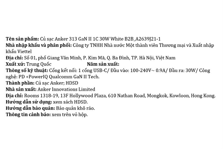 Adapter Sạc Type C PD PIQ 3.0 GaN II 30W Anker 313 A2639 Màu Trắng