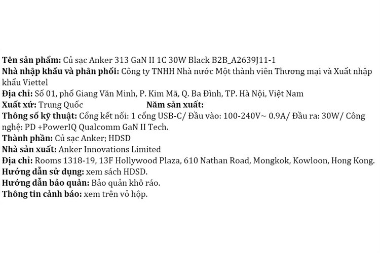 Adapter Sạc Type C PD PIQ 3.0 GaN II 30W Anker 313 A2639 Màu Đen