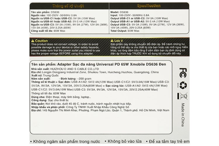 Adapter Sạc đa năng Universal PD GaN 65W Xmobile DS636 Màu Đen