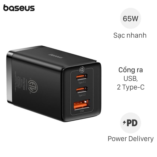 Bộ Adapter Sạc 3 Cổng Usb Type C Pd Qc 3.0 Gan5 Kèm Cáp Type C - Type C 1M 65W Baseus Ccgan65S5