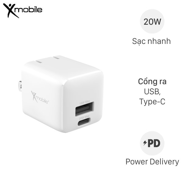 Adapter Sạc 2 Cổng Type C Pd Qc 3.0 20W Xmobile Ds255A